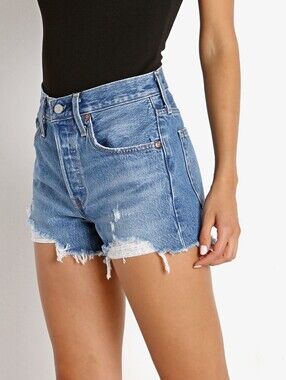 Levis 501 Original Distressed High Rise Waist Raw Hem Jean Shorts